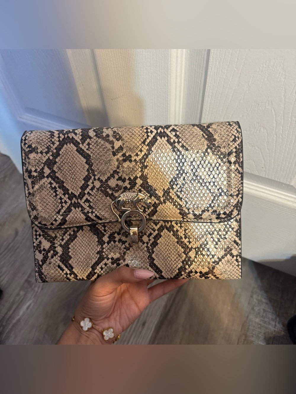 Snake-Embossed Leather Clutch/Crossbody in Neutral Taupe